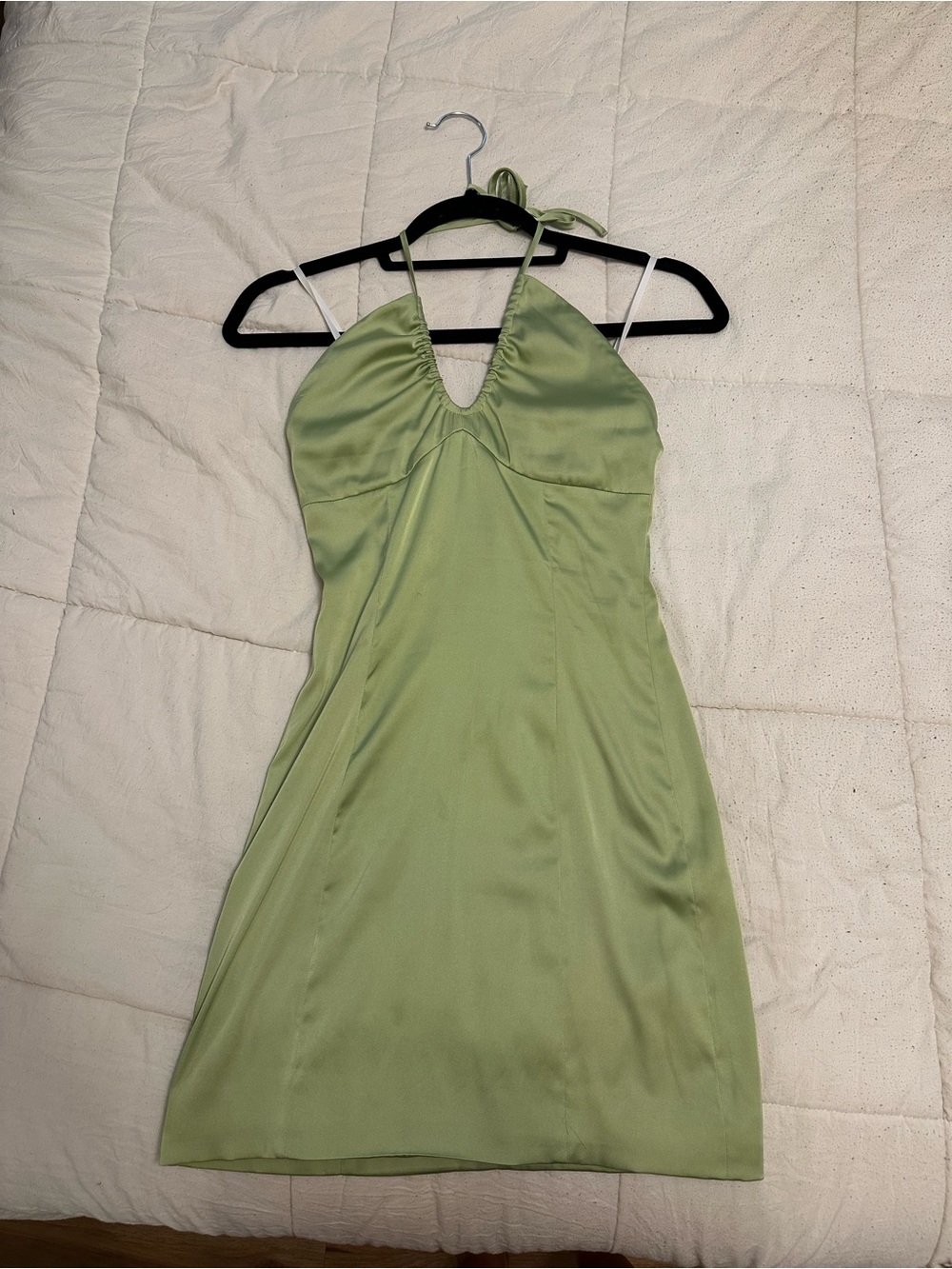 Satin lime Green Halter Mini Dress